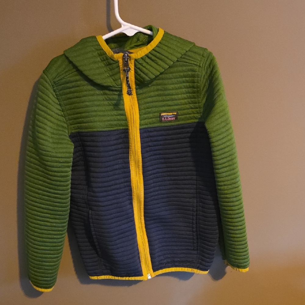 L.L. Bean Kids Green and Navy Fleece Ribbed Hoodie
